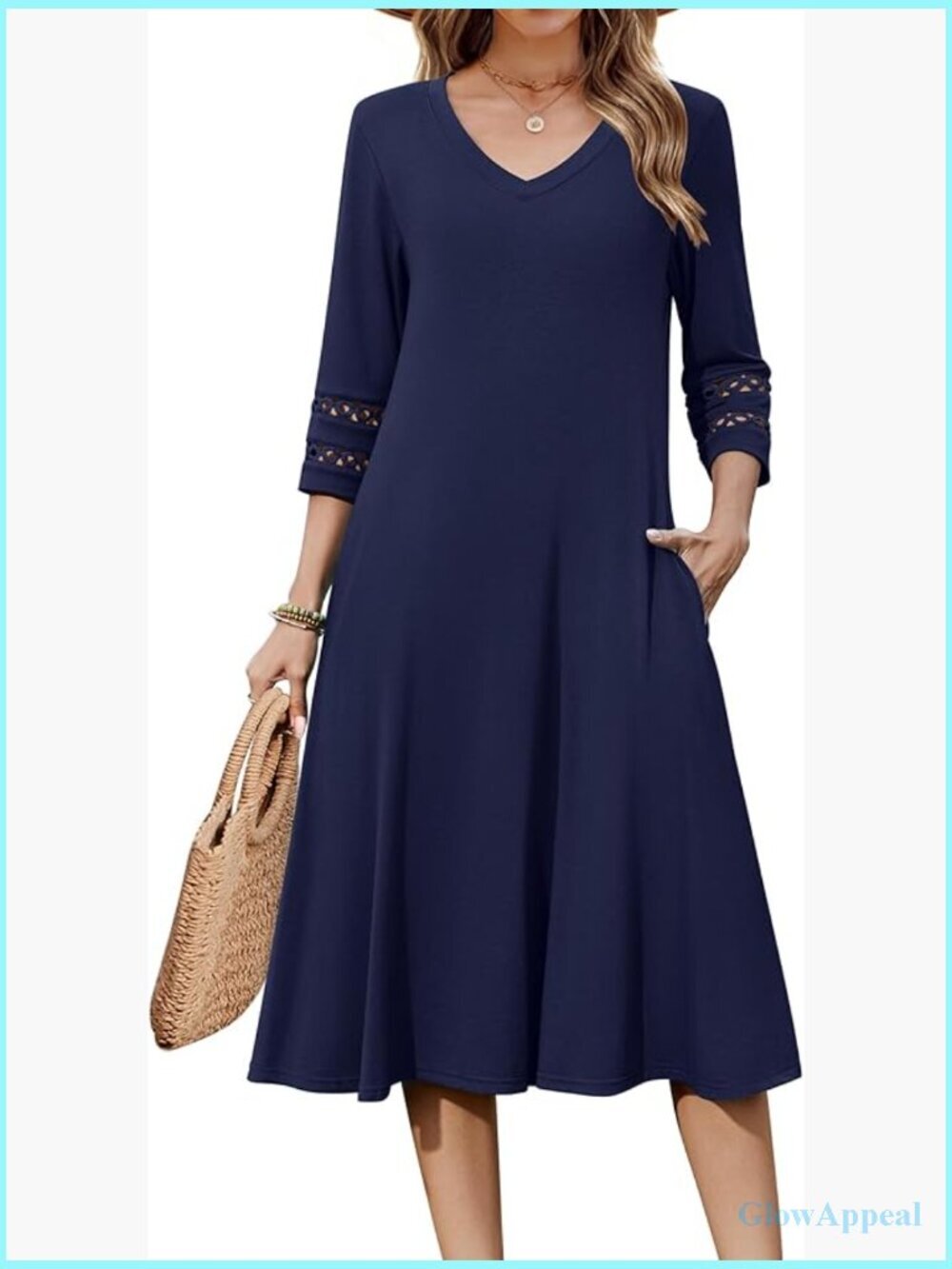 Women's 3/4 Sleeve A-Line Midi Dress with Pockets - Flowy Casual